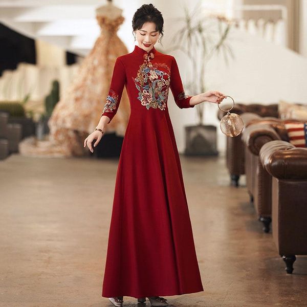 

ethnic clothing embroidery flower cheongsam vintage tassel button a-line qipao side split flare sleeve vestidos chinese bridal wedding dress, Red