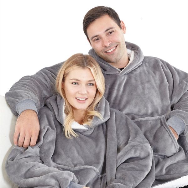 

2021 new blanket sleeves plaid winter fleece with man's sherpa pocket giant hoodie oversize hood ydzz, Black