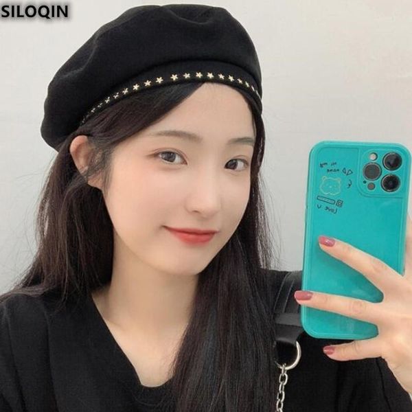 

berets siloqin casquette metal star female spring summer thin section breathable painter temperament grace octagonal hat, Blue;gray