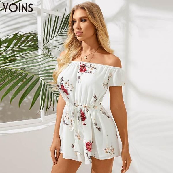 

women's jumpsuits & rompers yoins women off shoulder short sleeve 2021 summer bohemian floral printed drawstring waist casual playsuits, Black;white