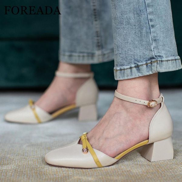 

dress shoes foreada two piece high heels woman ankle strap block heel female pumps bow square toe ladies footwear beige large size 43, Black