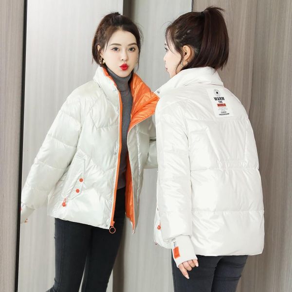 

women's jackets 2021 fashion shinny winter women jacket cotton padded warm pocket glossy zipper coats parka female #01, Black;brown