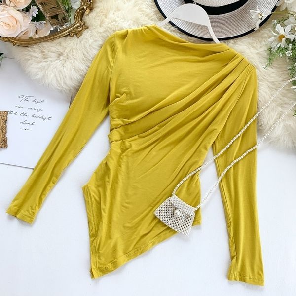 

women's autumn new crowd fold thin irregular ins long sleeve solid color casual tee j763 210315, White