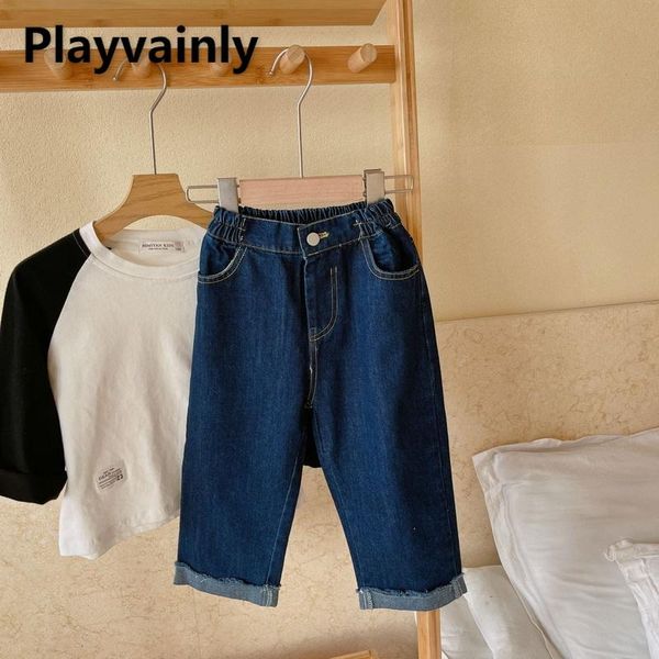 

trousers 2021 autumn kids boys girls pants dark blue elastic waist denim wide leg children casual clothes e6142