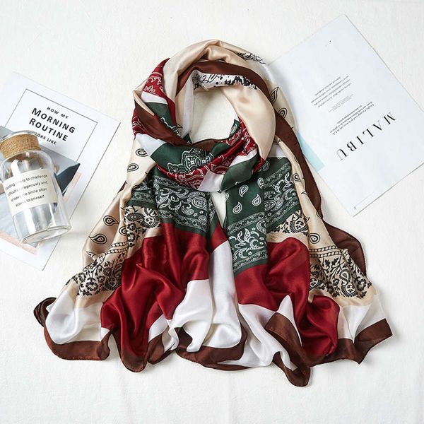 

2021 spring new women's satin long cashew red coffee color printing silk like scarf, Blue;gray