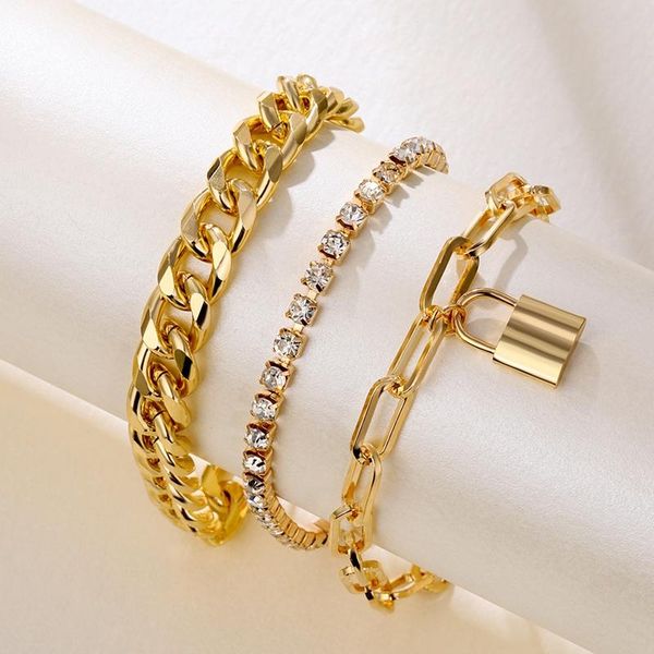 

3pcs punk hip hop curb cuban chain bracelets set for women miami boho thick gold color charm bracelets bangles fashion jewelry, Golden;silver