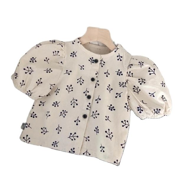 

summer girl korean style puff sleeve linen cotton short-sleeved shirt baby small fresh floral blouse p4267 210622, White;black