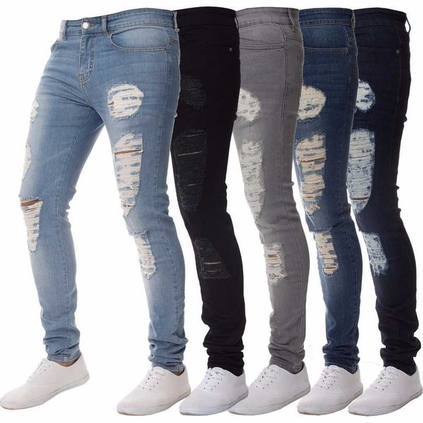 Mens Casual Skinny Calças de Calças Calças Homens Sólidos Black Jeans Rasgado Homens rasgados Beggar Jeans Com Hole Knee para Juventude Homens X0621