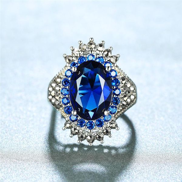 

wedding rings charm female blue crystal stone ring classic zircon silver color for women luxury bridal oval engagement, Slivery;golden