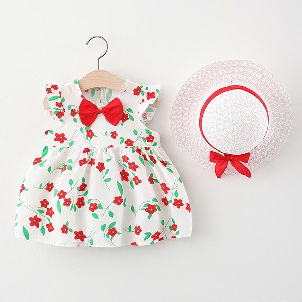 

girl's dresses 2021 summer green leaf flower chest small bow cotton dress hat, Red;yellow