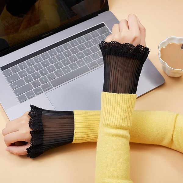 

sports gloves 1 pair korean women girls fake flared sleeves vintage lace pleated detachable sleeve cuffs sweater decorative false, Black
