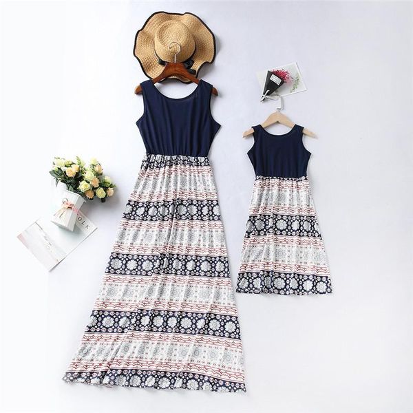 

family matching outfits mother and daughter dress clothes splice printed fashion carnival look dresses sleeveles, Blue