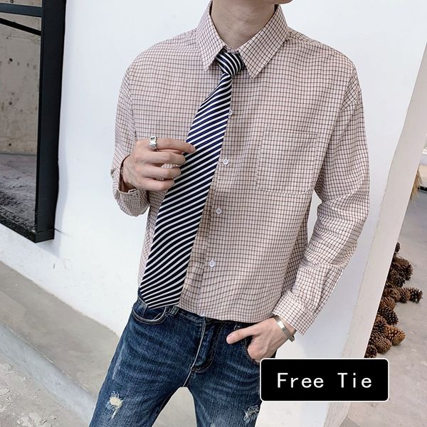 

2021 new estilo japons solto xadrez camisa masculina manga longa simples streetwear bolso frontal casual blusa homme branco/caf mais tamanho, Black;brown