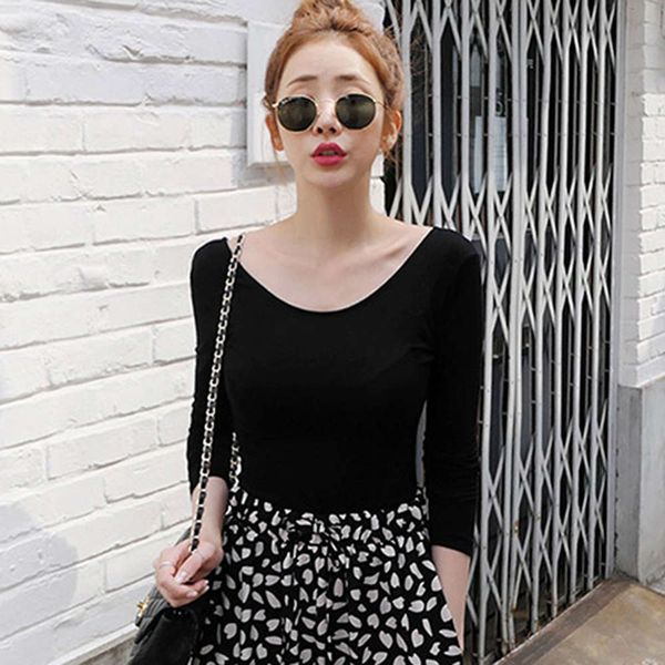 

round neck bottom coat autumn winter low u long sleeve inside tight t-shirt leakage back black big neckline women's exposed clavicle, White