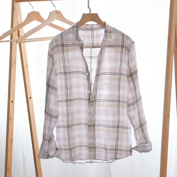 

2021 new vero e primavera manga longa 100% camisas de linho marca xadrez para casual moda respirvel camisa dos homens 0633, White