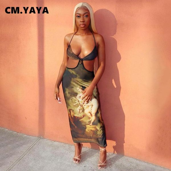 

cm.yaya aumutn winter women's dresses halter vest hollow out print long length pencil dress, Black;gray