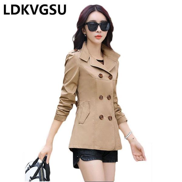 

women's trench coats 2021 spring autumn women short coat slim fashion long sleeve double-breasted solid color windbreaker female is347, Tan;black