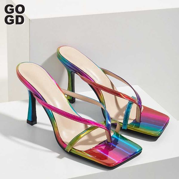 

sandals [gogd]sandal heels shoes2021 fashion design square and flip-toe sandal, Black