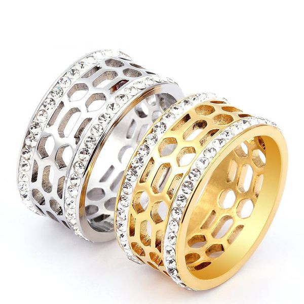 

wedding rings geometric stainless steel women men two rows clear crystal engagement titanium jewelry for anniversary gift, Slivery;golden
