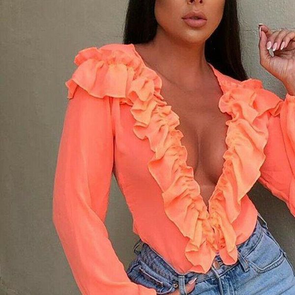 

women sheer mesh see through deep v neck ruffled blouse lady long lantern sleeve solid candy color shirt blouse, White