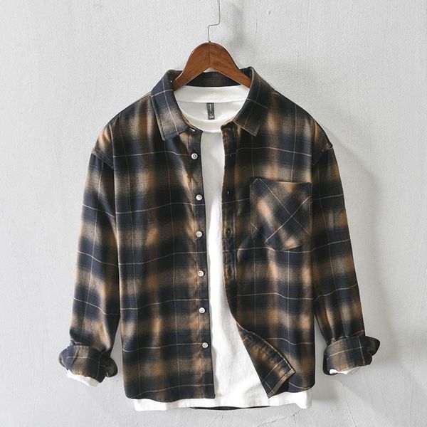 

men's casual shirts d226 autumn men plaid classic loose lapel long sleeve pockets beach vocation outdoor youth male thin coats jackets, White;black