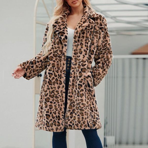

women's jackets jacket winter warm faux plush leopard coat lapel long-sleeved female long cardigan outwear #40, Black;brown