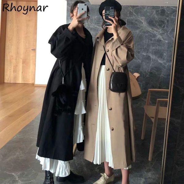 

women's trench coats women loose solid elegant full sleeve fashion turn down collar classical single breasted casual street wear femini, Tan;black
