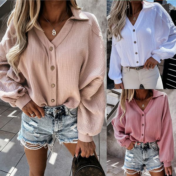 

2021 v-neck single breasted lantern sleeve solid women's shirt, White