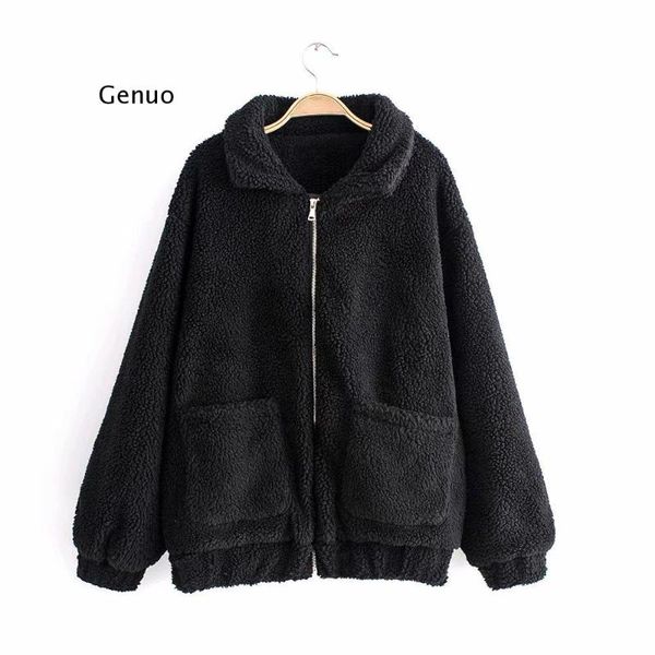

women's fur & faux womens casual zippers furry jackets ladies pockets soft lamb wool trendy street style overcoat autumn winter, Black