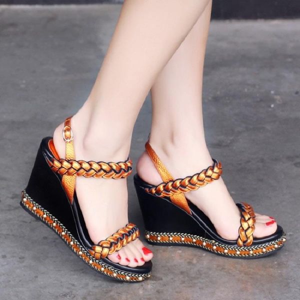 

sandals summer leather tendon bottom rivet waterproof platform slope with high heel women's daily plus size all-match, Black