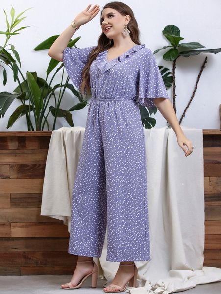 

plus allover heart ruffle wide leg jumpsuit b3yw#, Black