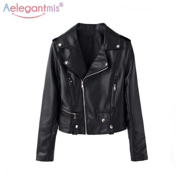 

aelegantmis classic design women soft pu leather jacket slim short motorcycle lady rivet zipper cool outerwear black 210607