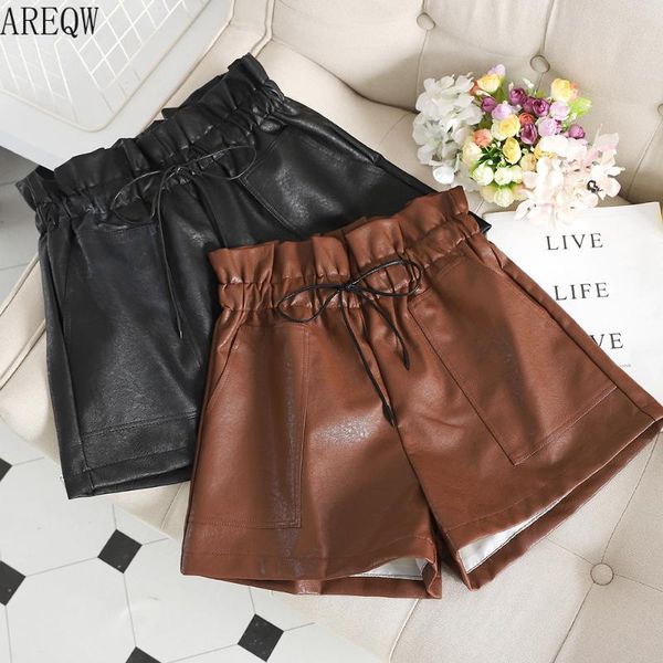 

women's shorts wide legged high-rise loose exterior with thin a-korean pu b866., White;black