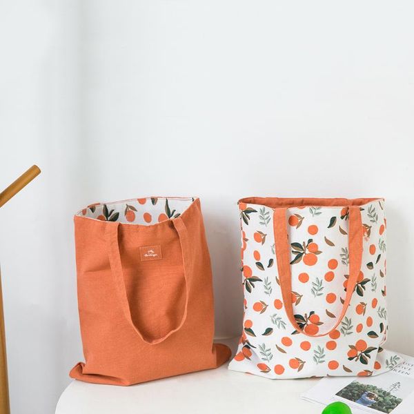 

storage bags fruit pattern double-sided dual-use handbag pocket large capacity shopping grocery canvas shoulder college styles