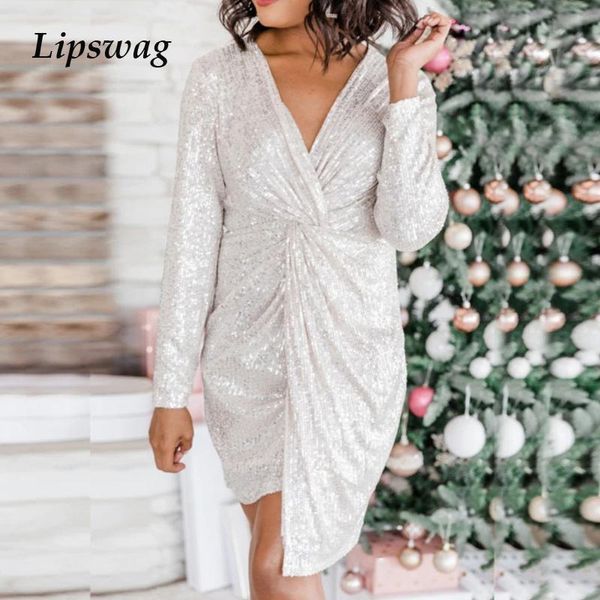 

casual dresses autumn deep v-neck mini dress women fashion twist glitter sequin party female elegant long sleeve irregular vestido, Black;gray