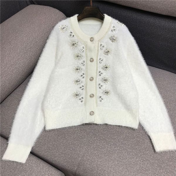 

2021 korean o-neck long sleeve cardigans female luxury diamonds beading embroiderywhite knitted sweater coat autumn new 7y65, White;black