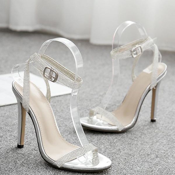 

sandals women rhinestone crystal pumps buckle strap thin heels round toe summer front rear fashion, Black