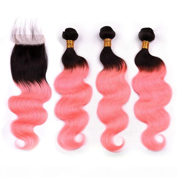 

brazilian human hair #1b rose gold ombre body wave 3bundles and closure ombre pink wavy weave wefts black roots with 4x4 lace closure, Black;brown