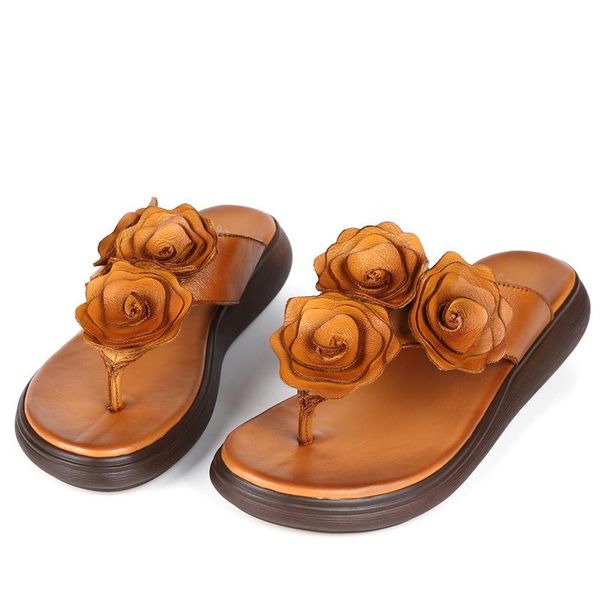 

genuine leather slippers shoes women summer flip flips slides 2021 new flower straped casual shoes for women slippers platform, Black
