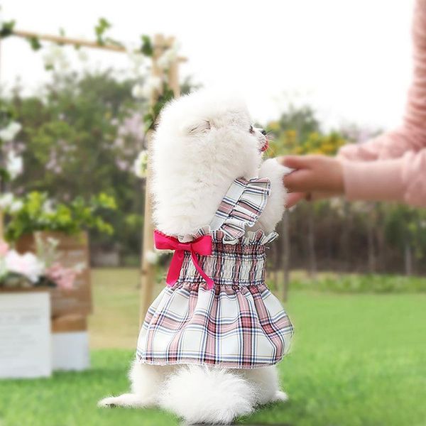

dog apparel 1 pcs small dress fashion plaid bowknot decor kitten puppy skirt adjustable breathable pet dogs chihuahua clothes for summer