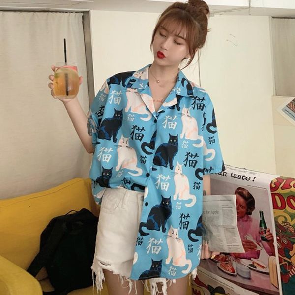 

harajuku blouse women cat print short sleeve shirt summer fresh trend wild shirt button loose casual daily shirts, White
