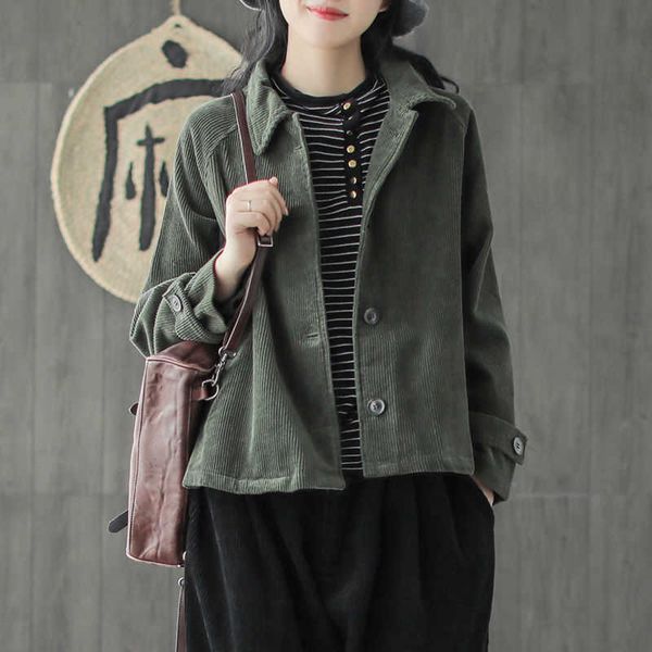 

arrival arts style spring autumn women long sleeve loose coats cotton corduroy retro turn-down collar casual jackets d447 210608, Black;brown