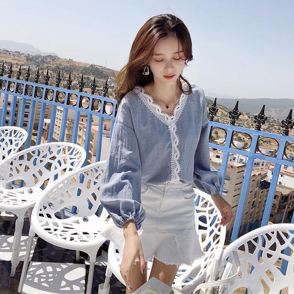 

women's blouses & shirts autumn spring 2021 plaid women lantern sleeve office lady lace hollow out v-neck shirt casual, White