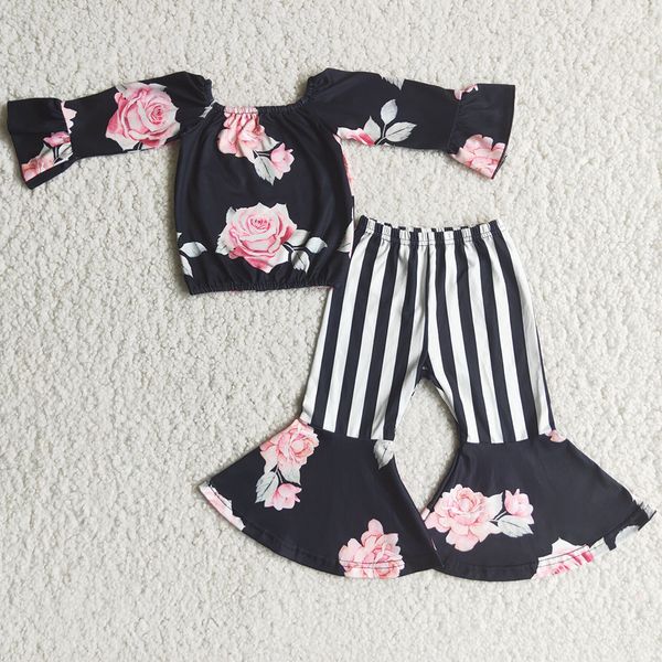 

fashion kids designer clothes sets flower print toddler baby girls clothing outfits milk silk boutique long sleeve bell bottom outfit fall w, White