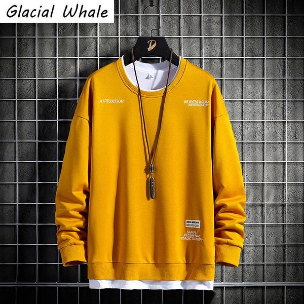 

men's hoodies & sweatshirts glacialwhale oversized crewneck sweatshirt men 2021 patchwork hip hop japanese streetwear yellow hoodie mal, Black
