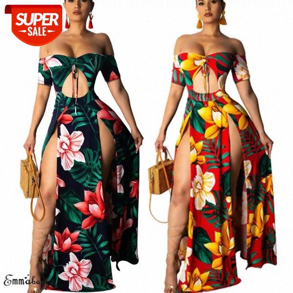 

women dress boho floral bandeau bodycon long summer holiday beach maxi dress high slit off shoulder hollow party sundress #fj7p, Black;gray