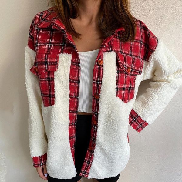 

2021 new vintage stylish plaidwoman christmas stitching warm winter brand design casual long sleeve chic loose woman jacket jxc3, Black;brown