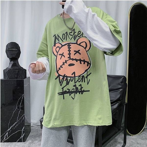 

2021 new hip hop bonito urso camiseta desenhos animados dos homens camisetas casuais falso duas peas de manga longa streetwear masculino 5ep, Black