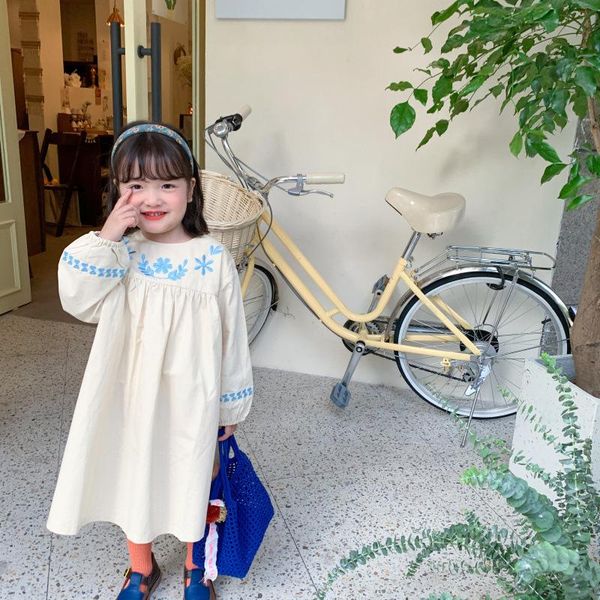 

girl's dresses korean style 2021 spring floral embroidery long dress pure cotton loose princess, Red;yellow