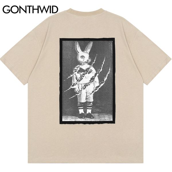 

gonthwid tshirts hip hop rabbit patchwork punk rock gothic t-shirts summer harajuku hipster short sleeve casual loose tees c0315, White;black